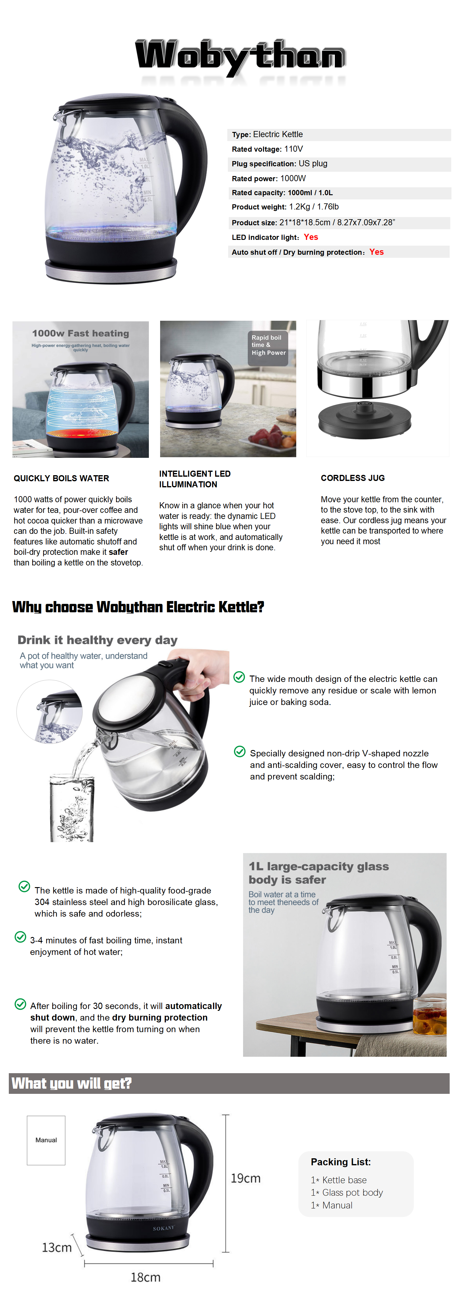 SOKANY 1000W High Borosilicate Glass Electric Kettle Home Water Kettle Auto  Shut-off Water Boiler 